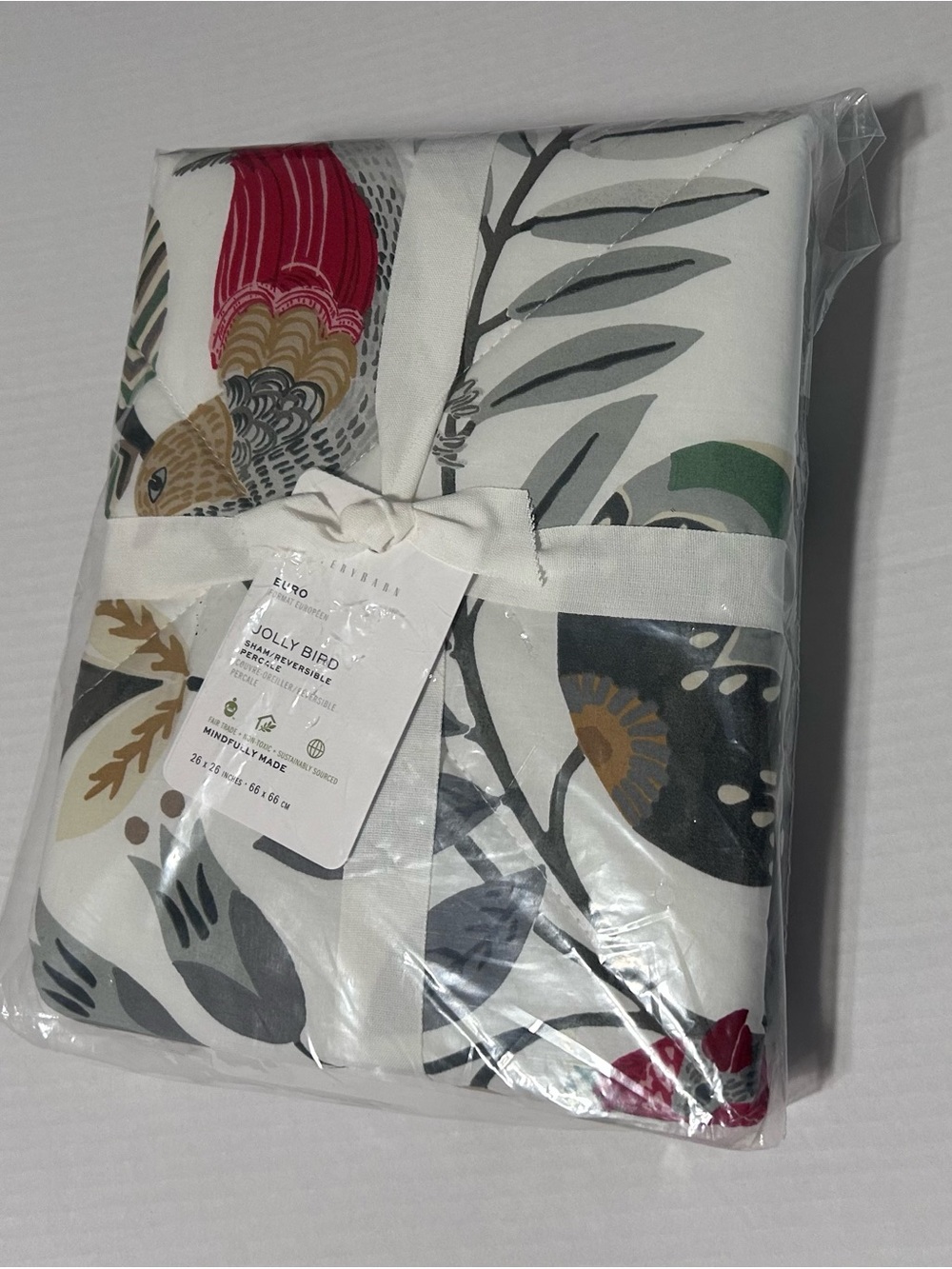 New In Package One Pottery Barn Jolly Bird Euro Sham Reversible Percale 26x26 "